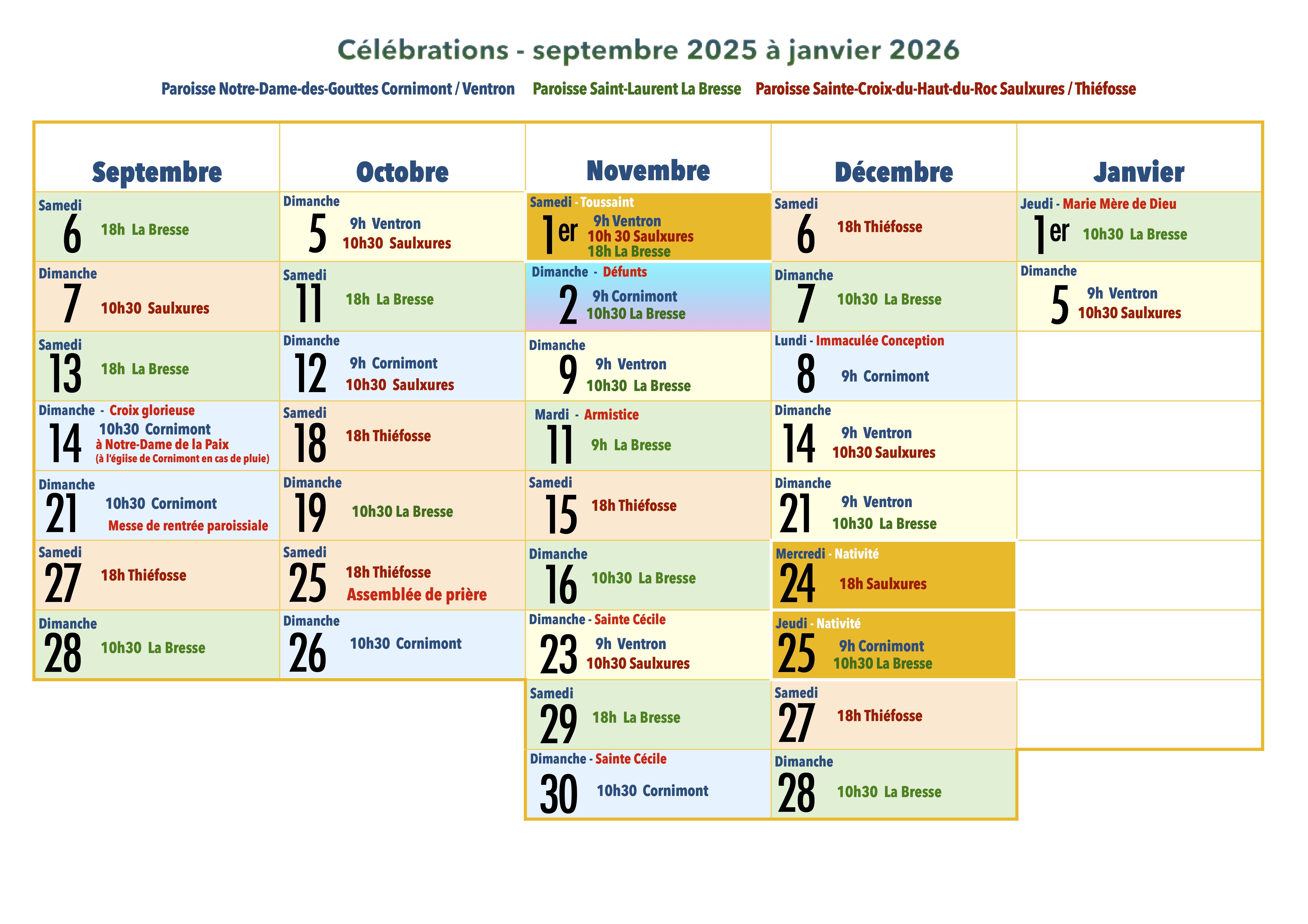 calendrier semestriel septembre 2025 à janvier 2026
