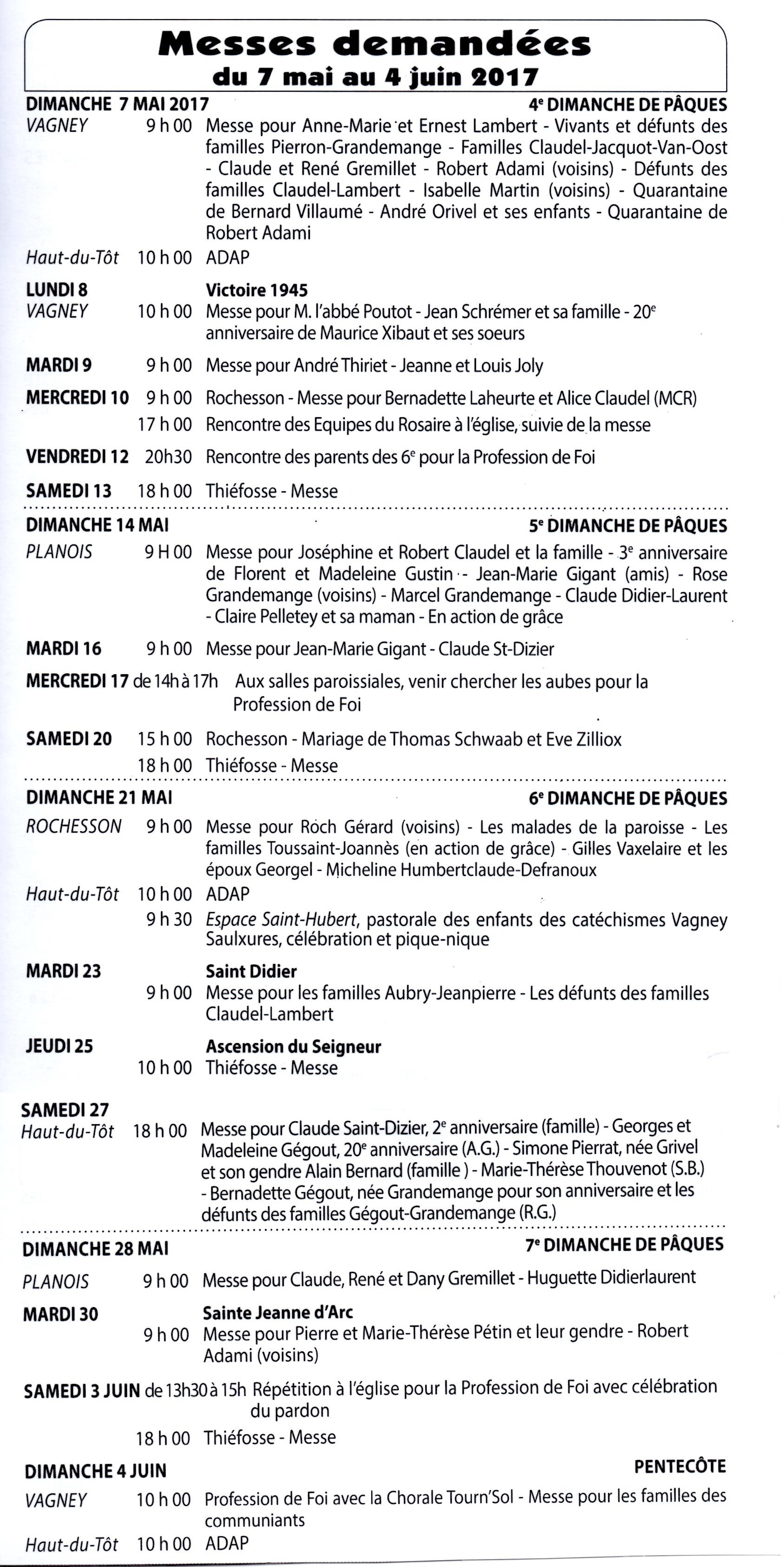 messes du 7 mai au 04 juin