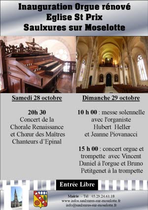 Samedi 28 à 20H, concert Chorales ; Dimanche 29 à 10H, messe et, à 15H : concert trompette et orgue